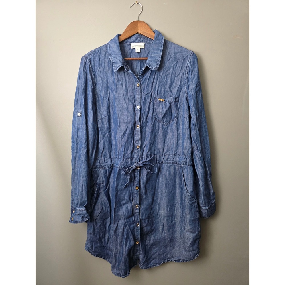 Dana Buchman Blue Lyocell Denim Shirt Dress Long Sleeve Drawstring Waist Size 16